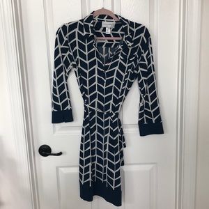 Blue and white wrap dress.